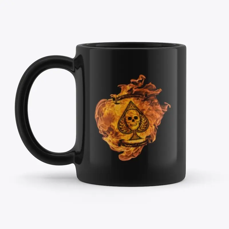 Black mug with a skull on fire